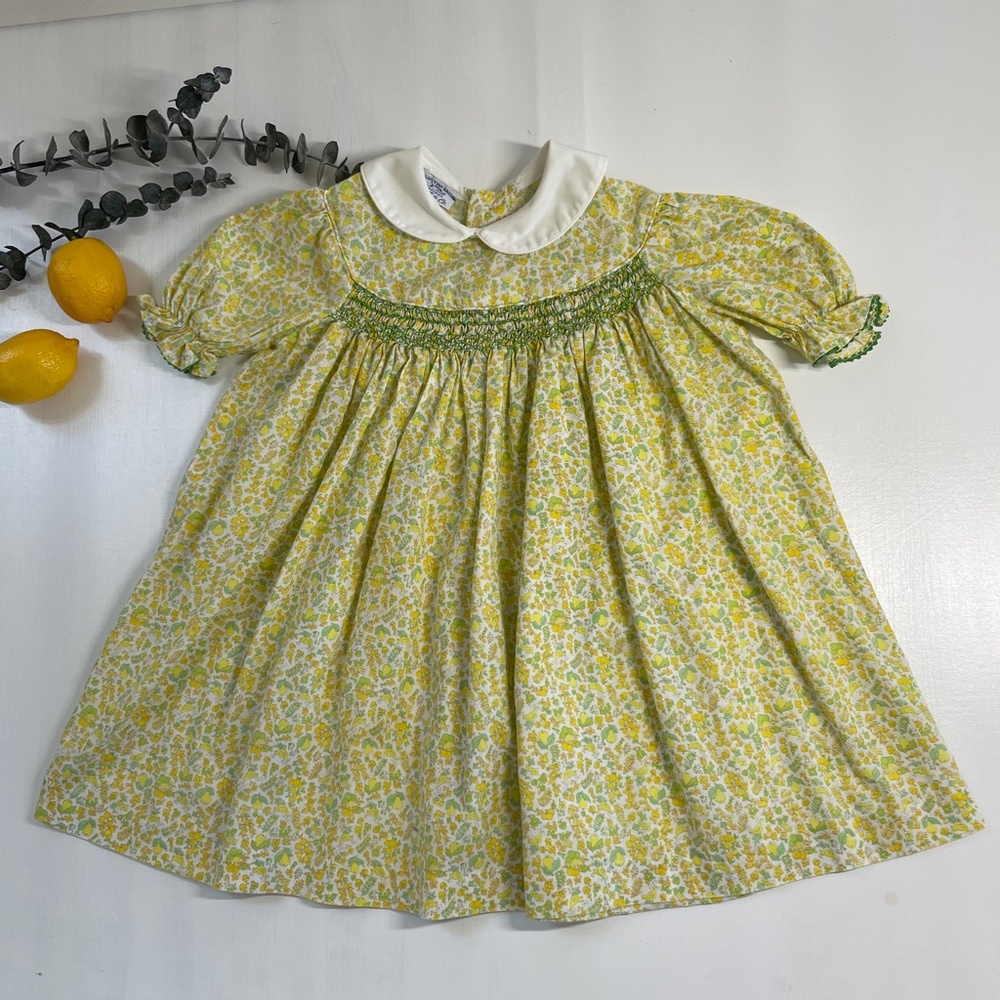 Vintage Hand Smocked Lemon Bird Dress Girls 3T Peter Pan Collar Heirloom